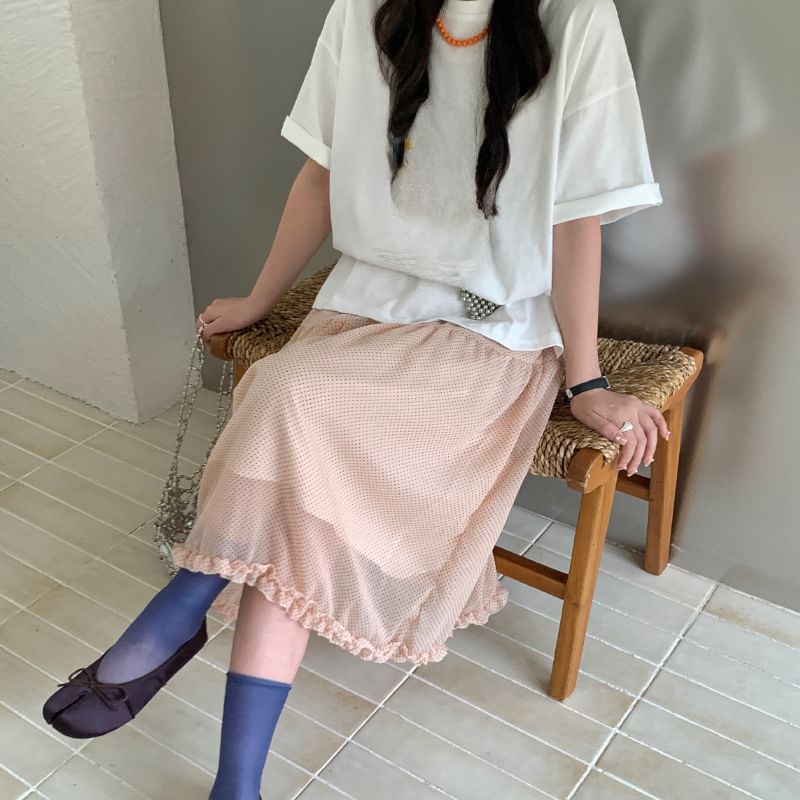 Elastic Waist Micro Dot Frill Trim Sheer Midi A-Line skirt