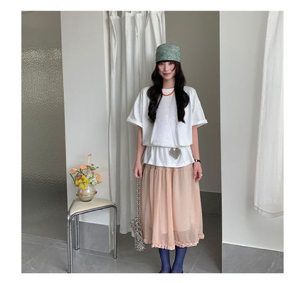 Elastic Waist Micro Dot Frill Trim Sheer Midi A-Line skirt