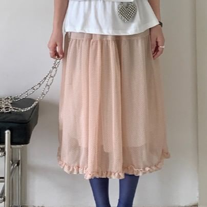 Elastic Waist Micro Dot Frill Trim Sheer Midi A-Line skirt