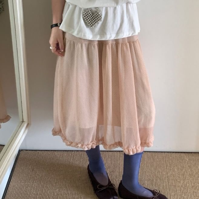 Elastic Waist Micro Dot Frill Trim Sheer Midi A-Line skirt
