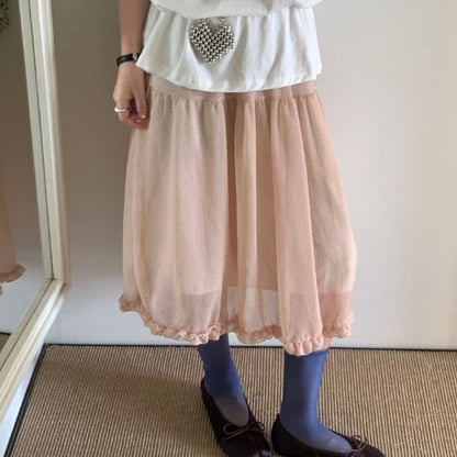 Elastic Waist Micro Dot Frill Trim Sheer Midi A-Line skirt