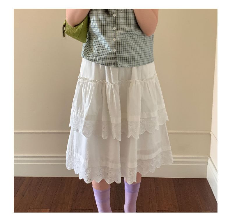 Elastic Waist Eyelet Lace Panel Layered A-Line Skirt