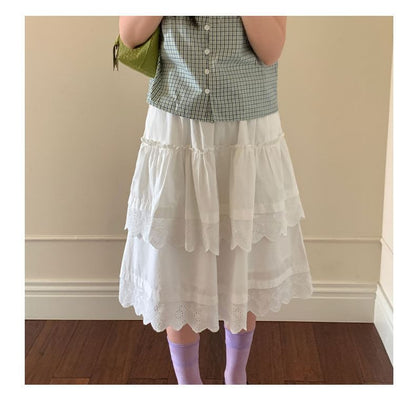 Elastic Waist Eyelet Lace Panel Layered A-Line Skirt