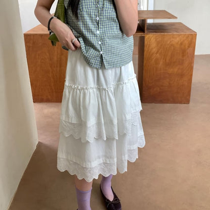 Elastic Waist Eyelet Lace Panel Layered A-Line Skirt