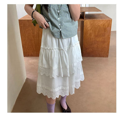 Elastic Waist Eyelet Lace Panel Layered A-Line Skirt