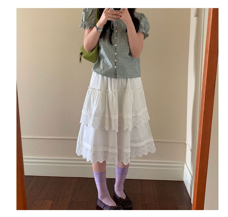 Elastic Waist Eyelet Lace Panel Layered A-Line Skirt