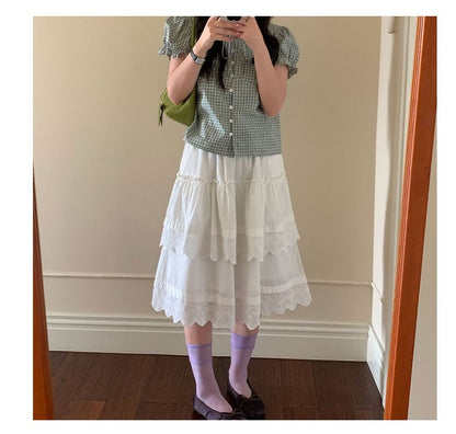 Elastic Waist Eyelet Lace Panel Layered A-Line Skirt