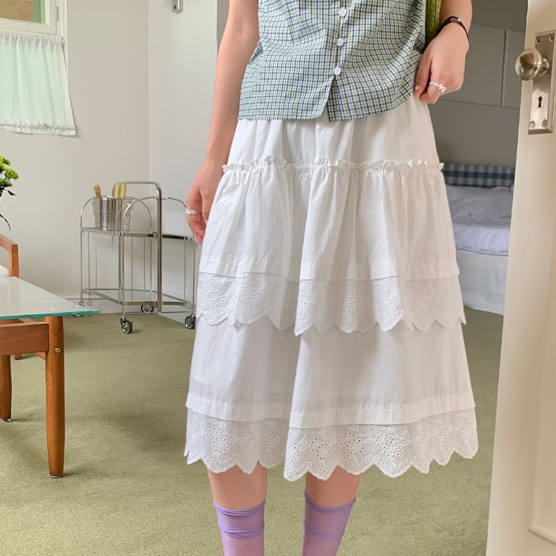 Elastic Waist Eyelet Lace Panel Layered A-Line Skirt