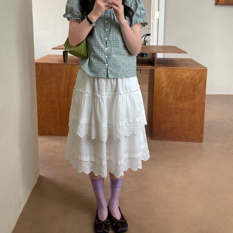 Elastic Waist Eyelet Lace Panel Layered A-Line Skirt