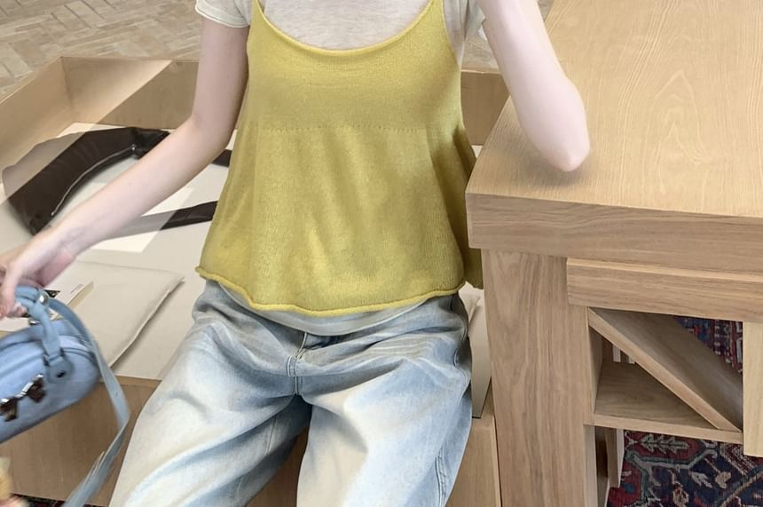 Crew Neck Knit Top and Camisole Set