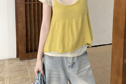 Crew Neck Knit Top and Camisole Set