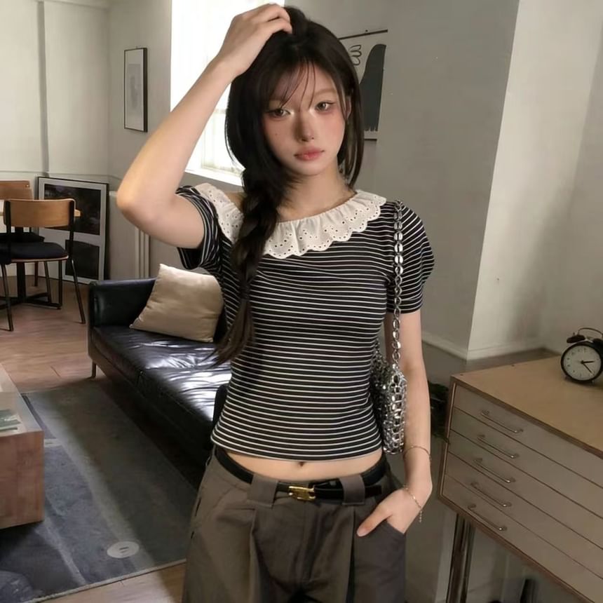 Off-Shoulder Striped Eyelet Lace Crop Tee