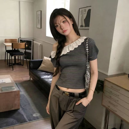 Off-Shoulder Striped Eyelet Lace Crop Tee