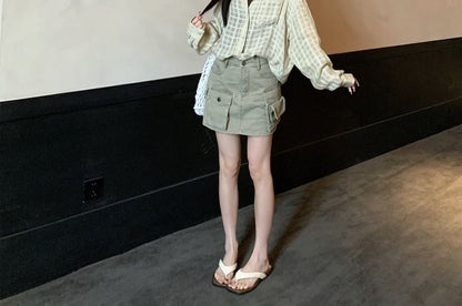 Plaid Button-Up Shirt and Mini Cargo Skirt