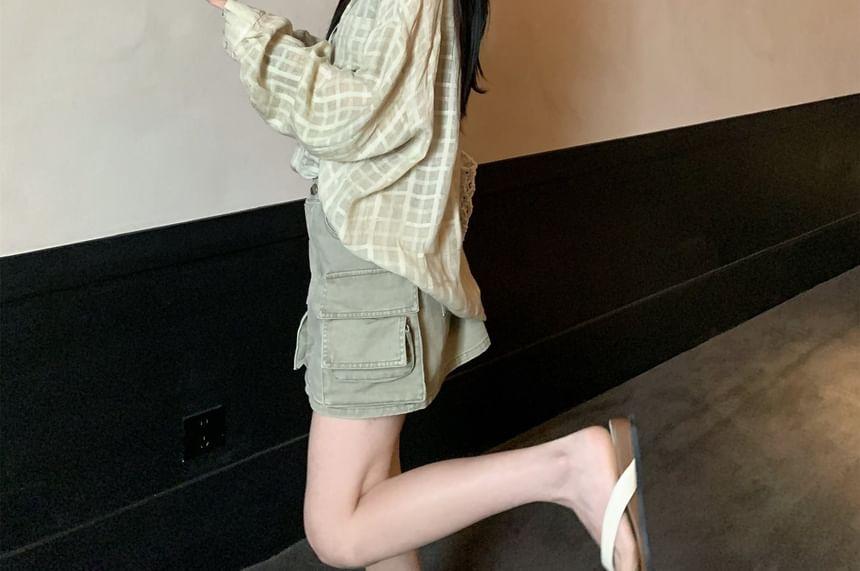 Plaid Button-Up Shirt and Mini Cargo Skirt