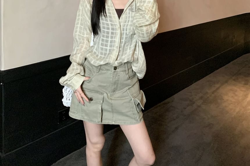Plaid Button-Up Shirt and Mini Cargo Skirt