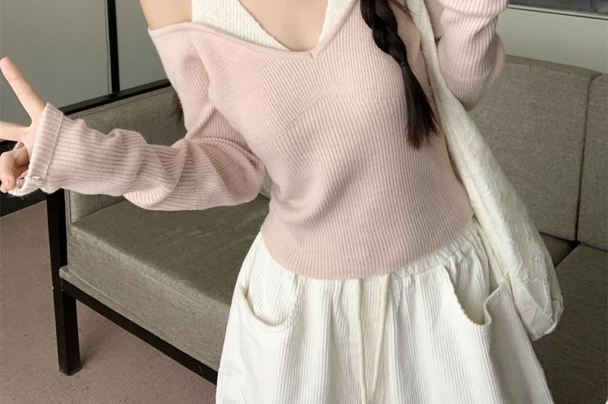 Cold Shoulder Two-Tone Knit Top and Wide Leg Pants