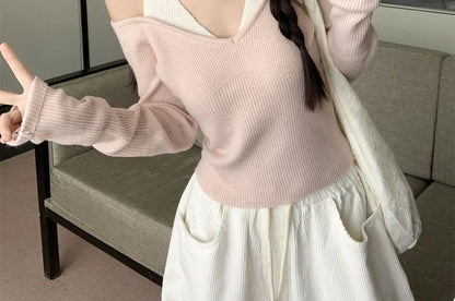 Cold Shoulder Two-Tone Knit Top and Wide Leg Pants