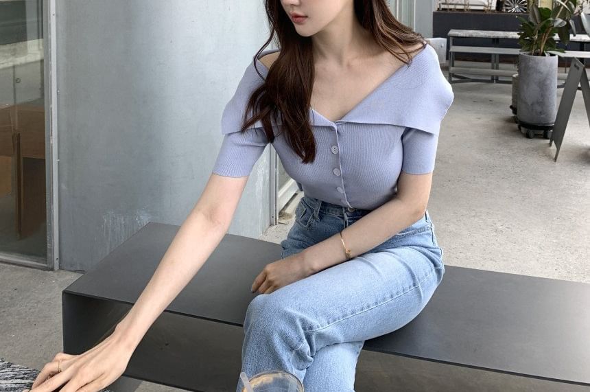 Ribbed Short Sleeve Button Knit Top