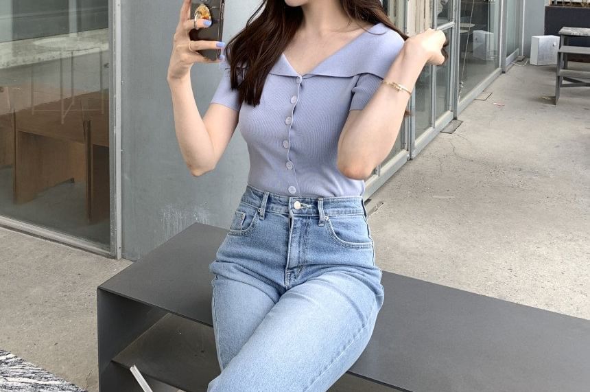 Ribbed Short Sleeve Button Knit Top