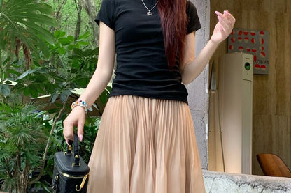 Mid Rise Plain Pleated Midi A-Line Skirt