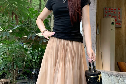 Mid Rise Plain Pleated Midi A-Line Skirt