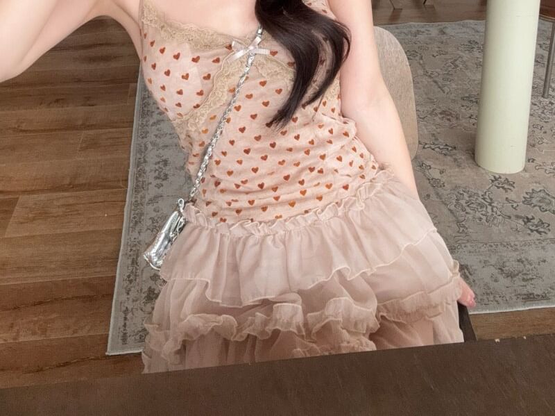 Set: Dotted Camisole Top + Cardigan / Mid Rise Plain Mini A-Line Skirt
