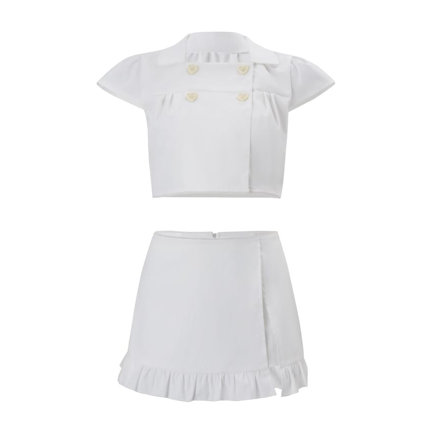 Cap Sleeve Square-Neck Collar Plain Crop Blouse / Low Waist Ruffled Hem Mini Skirt