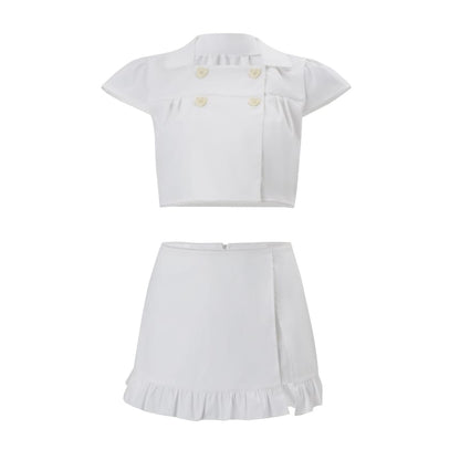 Cap Sleeve Square-Neck Collar Plain Crop Blouse / Low Waist Ruffled Hem Mini Skirt