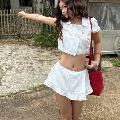 Cap Sleeve Square-Neck Collar Plain Crop Blouse / Low Waist Ruffled Hem Mini Skirt