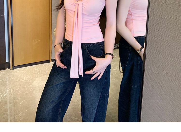 Frill Trim Tie Front V-Neck Crop Tank Top