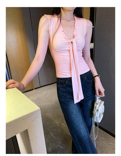 Frill Trim Tie Front V-Neck Crop Tank Top