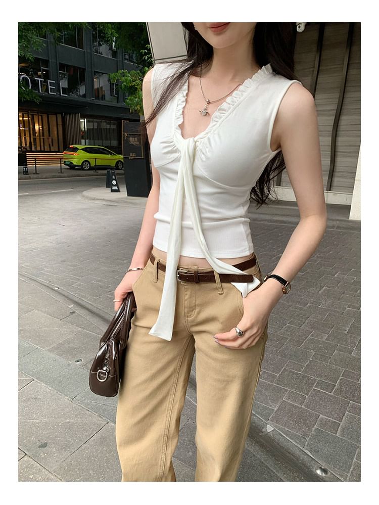 Frill Trim Tie Front V-Neck Crop Tank Top