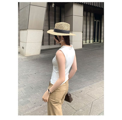 Frill Trim Tie Front V-Neck Crop Tank Top