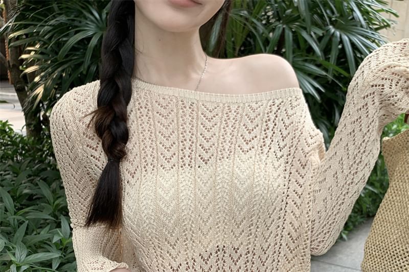 Perforated Sheer Boat Neck Long Sleeve Knit Top