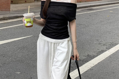Mock Two-Piece Cold Shoulder Crew Neck Two Tone T-Shirt