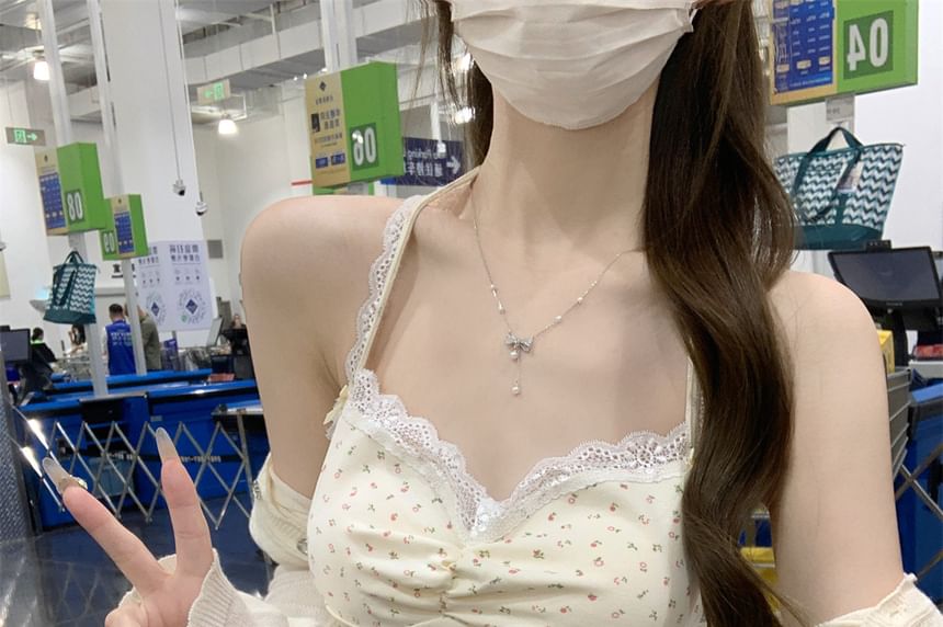 Floral Print Lace Trim Open Back Halter Crop Top