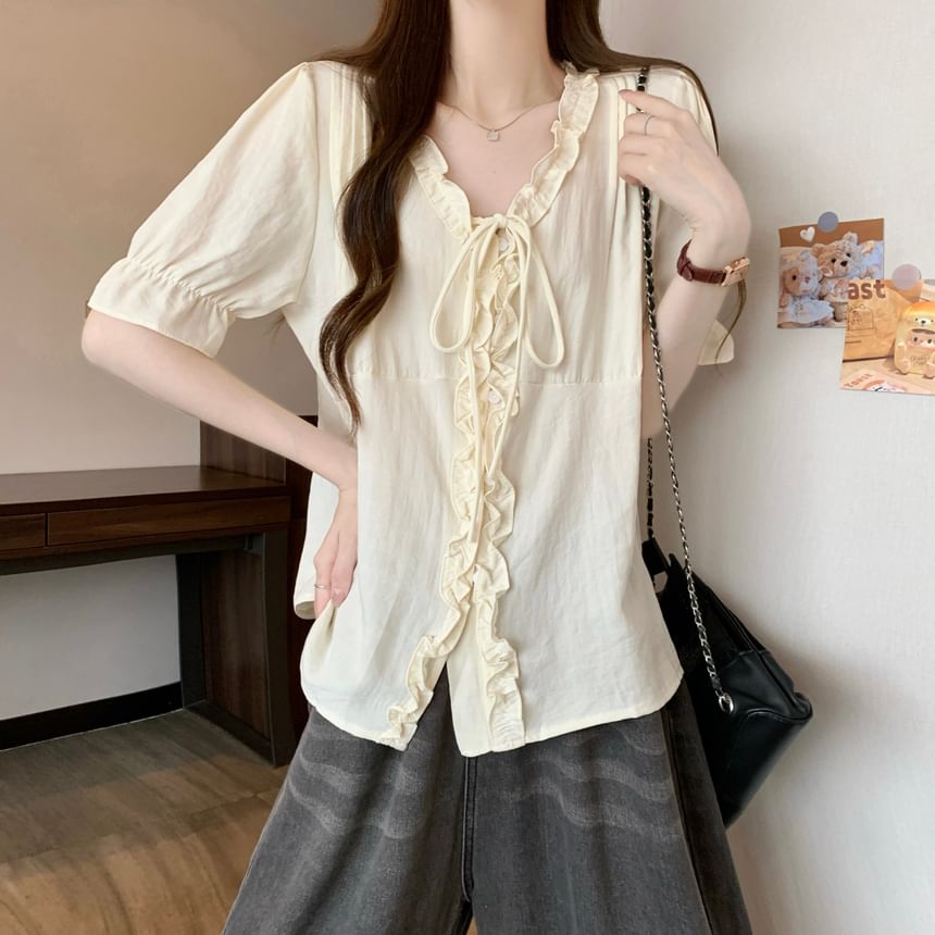 Frill Trim Button-Up V-Neck Elbow Sleeve Blouse