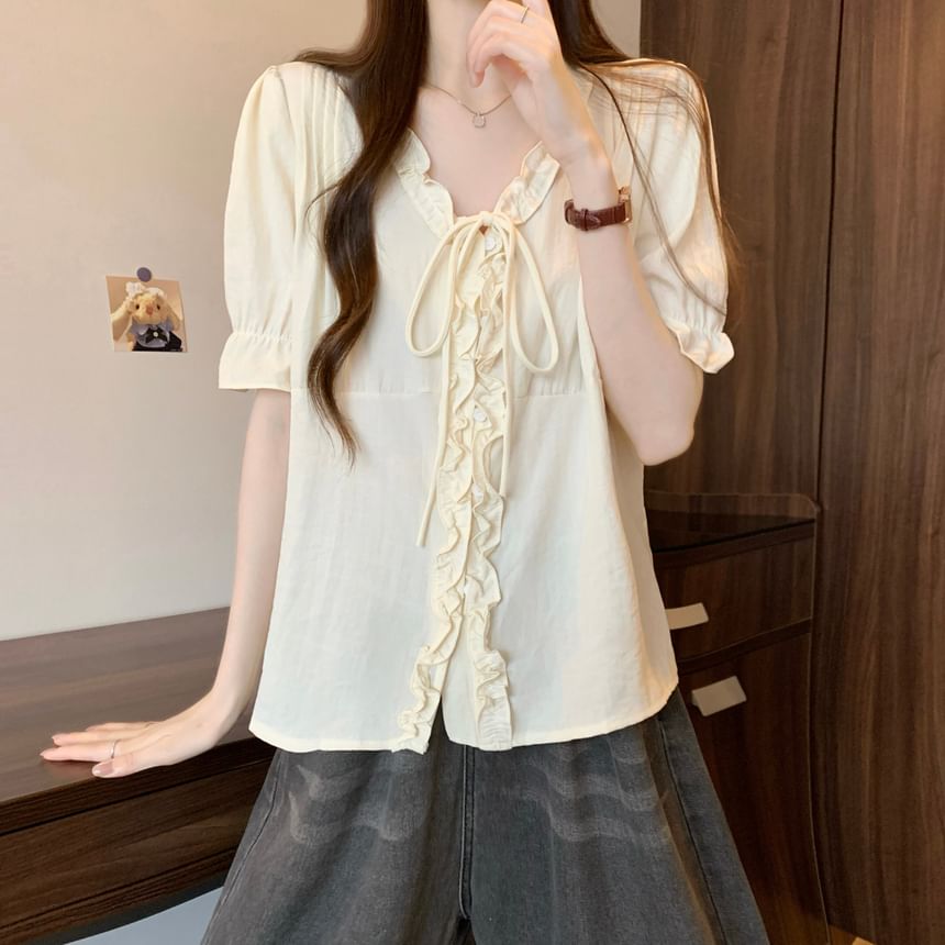 Frill Trim Button-Up V-Neck Elbow Sleeve Blouse