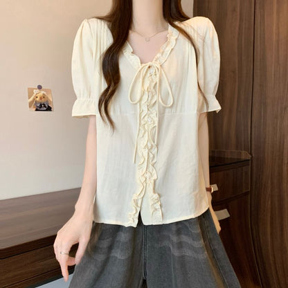 Frill Trim Button-Up V-Neck Elbow Sleeve Blouse