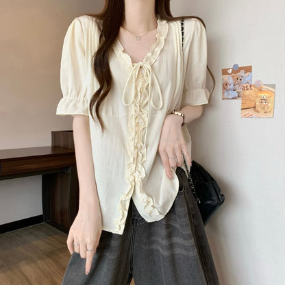 Frill Trim Button-Up V-Neck Elbow Sleeve Blouse