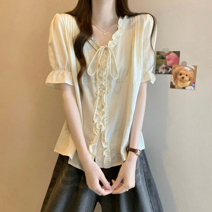 Frill Trim Button-Up V-Neck Elbow Sleeve Blouse