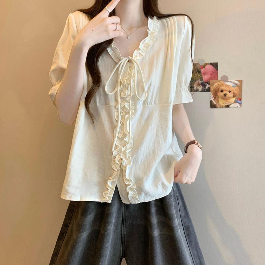Frill Trim Button-Up V-Neck Elbow Sleeve Blouse