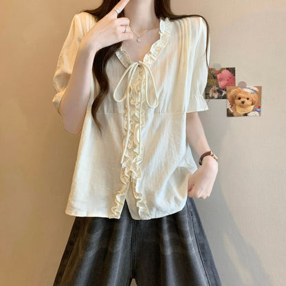 Frill Trim Button-Up V-Neck Elbow Sleeve Blouse