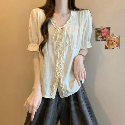 Frill Trim Button-Up V-Neck Elbow Sleeve Blouse