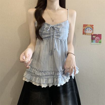 Lace Panel Frill Trim V-Neck Babydoll Camisole Top