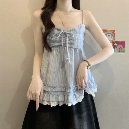 Lace Panel Frill Trim V-Neck Babydoll Camisole Top
