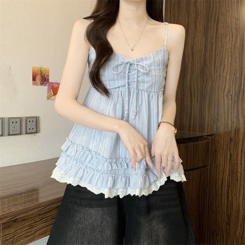 Lace Panel Frill Trim V-Neck Babydoll Camisole Top