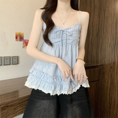 Lace Panel Frill Trim V-Neck Babydoll Camisole Top