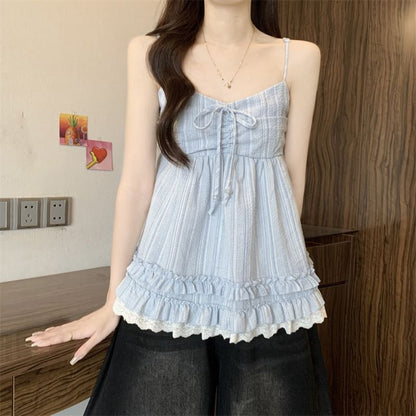 Lace Panel Frill Trim V-Neck Babydoll Camisole Top